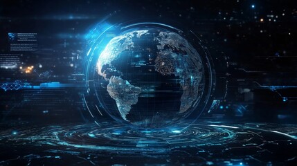 A futuristic holographic Earth with real-time global data updates on business and technology.
