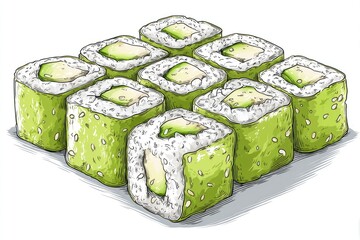 Matcha Magic Avocado sushi roll with sesame seeds with vector illustration.