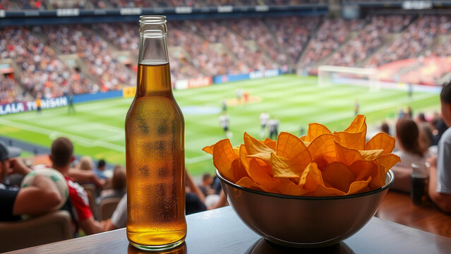 Cold beer and chips against the backdrop of a football and stadium. The atmosphere of the match, a delicious snack and drink - everything for a perfect evening.