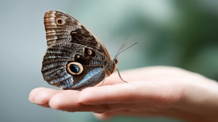 Fototapeta premium A delicate butterfly with patterned wings rests gently on a person's hand, symbolizing beauty and tranquility.