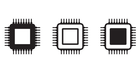 Microchip Icon. Set of Three Black and White Silhouettes of Computer Processor Chips