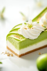 Avocado ice cream bar, swirled with coconut cream, topped with edible flowers and golden flakes, modern dessert