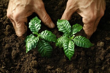 Hands Planting Young Coffee Seedlings in Rich Soil for Growth
