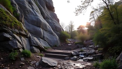 Scenic mountain trail with rocky terrain, stairs and soft sunlight ambiance