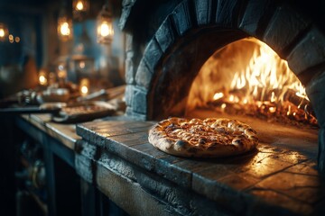 Crispy Pizza Baking in a Traditional Wood-Fired Oven at a Rustic Pizzeria