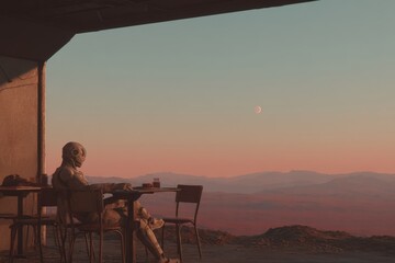 Sitting peacefully at a futuristic cafe with a robot observing the distant moonrise over a tranquil landscape during dusk