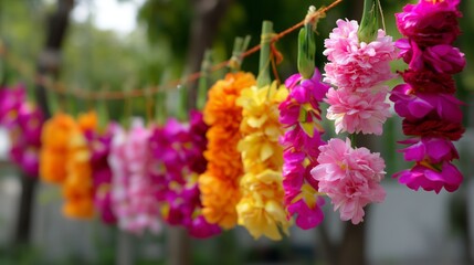 Fototapeta premium Colorful floral garland hanging outdoors during a festive celebration in a lush green garden