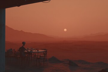 Sitting peacefully at a futuristic cafe while watching the sunset over an alien landscape during twilight hours