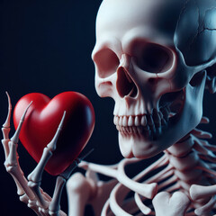 Skeleton holding a red heart in a dark setting, symbolizing love and mortality in a striking artistic display