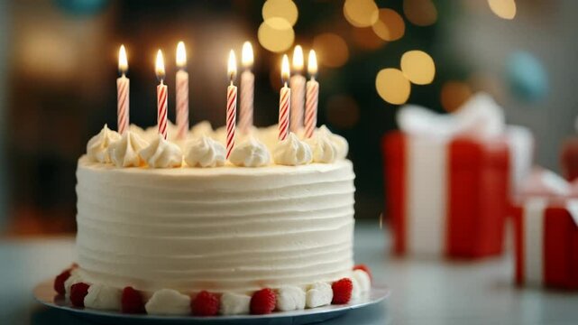 Festive birthday cake with lit candles, surrounded by soft bokeh lights Perfect for celebrations and parties
