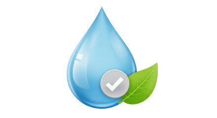 Isolated Clear Water Drop with Leaf and Checkmark