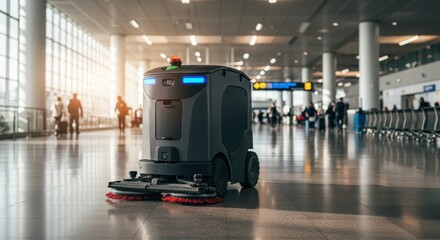 Autonomous cleaning robot working on a shiny floor in a modern airport terminal