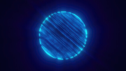 Futuristic glowing blue sphere composed of digital lines and dots on a dark background, representing technology, data, and innovation