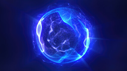 Glowing blue energy sphere with fluid patterns in a dark abstract space futuristic background