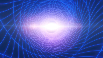 Cool blue wireframe tunnel with a central white light, evoking a futuristic, sci-fi concept related to data networks, artificial intelligence, and connectivity background