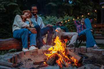 Two couples sitting around a burning fire pit