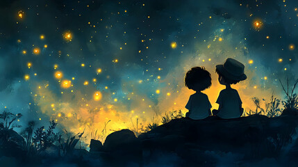 Two kids sit, overlooking twinkling lights on a hill, creating a charming, dreamy scene under a starry sky