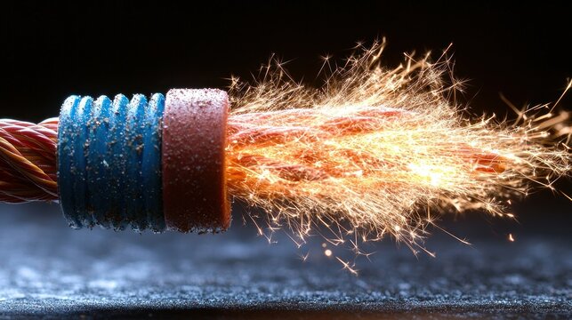Electrical sparks emanate from severed, twisted wires