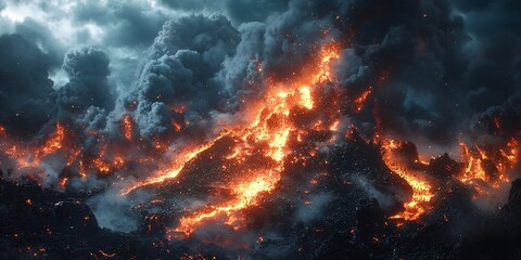 Fototapeta premium A fire burning in the sky from a volcanic eruption with glowing lava creating a dramatic scene