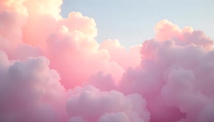 Dreamy pink cloudy background, soft pink colors, fluffy cumulus clouds, ethereal light filtering through, high-resolution photograph