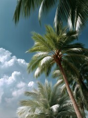 Lush Palm Trees Sway Gently Under a Blue Sky Filled With Fluffy Clouds in a Tropical Paradise