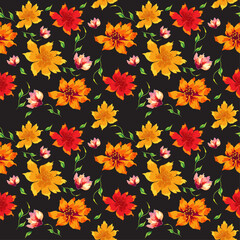 Seamless pattern with multicolored hand drawn flowers.  Vector Illustration. Design for background, fashion, fabric, textile, wallpaper, cover, package and all prints. Red, orange, yellow, black
