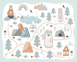 Cute nursery floor mat with adventure camping and animals. Vector illustration in Scandinavian style.