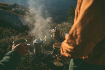 Cooking breakfast outdoors on a camping stove by the lake while enjoying nature in the early morning light