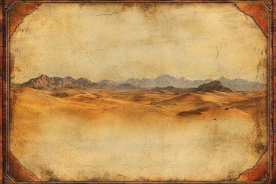 Ancient map depiction of desert landscapes with framed decorative borders