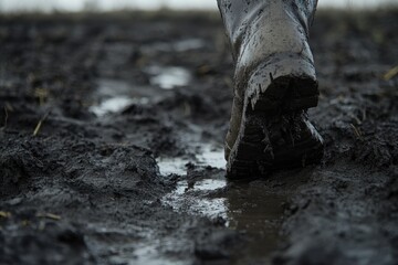 Muddy Boot Walking Through Wet Agricultural Field on Overcast Day