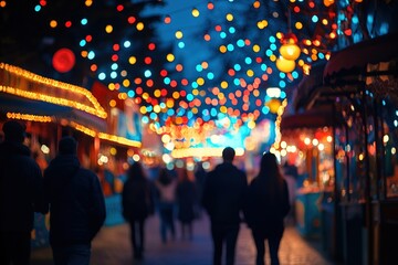 Fototapeta premium Evening atmosphere at a vibrant fairground with colorful lights and crowds enjoying the festivities
