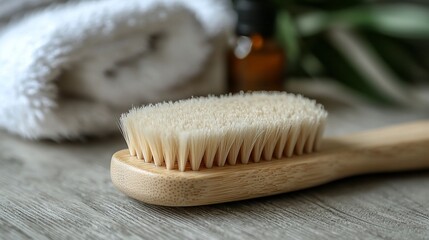 Wooden body brush resting on a table with towels and oil