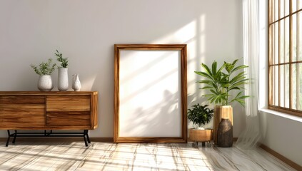 modern rustic interior with large frame for wall art mock up. 