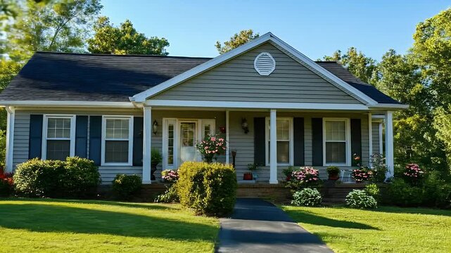 Single Story House with Shutters Black Roof Green Trees and Grass Under Blue Sky for Adobe Stock Photo