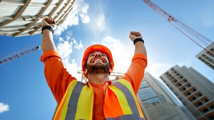 Happy construction worker celebrating success amidst skyscrapers on a sunny day.
