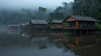 Fototapeta premium Misty morning cabins on a tranquil lake in a dense rainforest