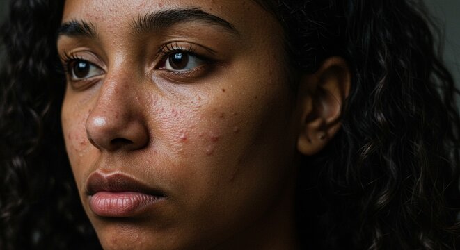 Close up focus of an african american woman with a problem skin and acne, concept of skin treatment, beauty and health