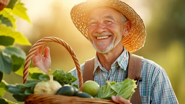 Smiling farmer holding basket of fresh vegetables in sunlit garden.
