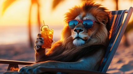 Relaxed lion enjoys a tropical drink on the beach.