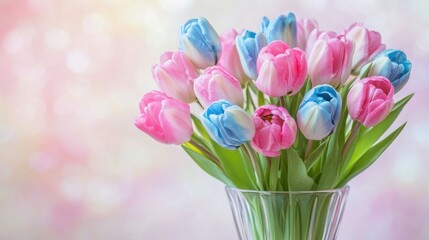 Fototapeta premium A beautiful arrangement of pink and blue tulips in a clear glass vase, showcasing vibrant colors against a soft, light background, perfect for decoration or gifting.