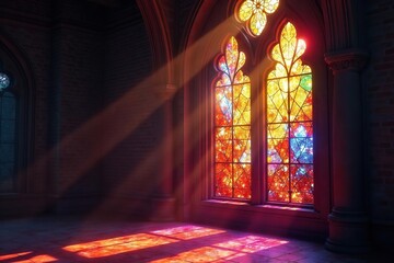 Obraz premium A vibrant stained glass window, sunlight streaming through, window, light