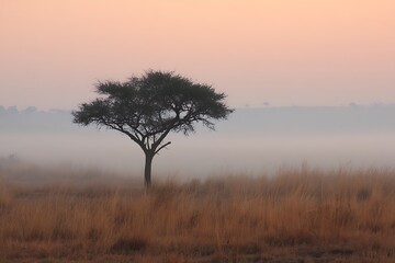 Obraz premium Acacia tree alone in misty savanna at sunrise 