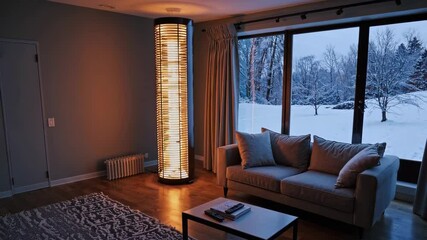 Modern minimalist living room with panoramic snowy window view and glowing vertical lamp, peaceful winter interior loop animation with cozy mood - Powered by Adobe