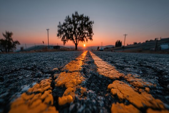 Golden sunset road, paved path to horizon