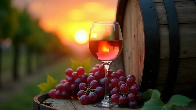 A beautiful glass of rose wine surrounded by fresh grapes, set against a stunning vineyard sunset.