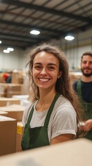 Smiling volunteer sorting packages in a warehouse during a community event on a sunny day