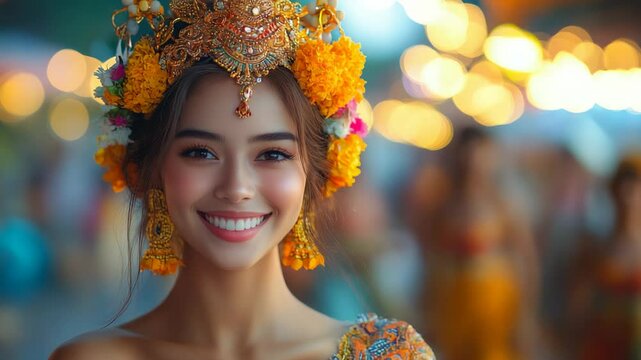 thai woman in traditional dress with slim body dancing at night show on blurred background, beautiful asian girl, thailand, songkran, khon, lakhon, fawn, li-khe, ram wong, nang talung