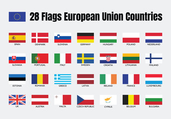 28 European Union Countries flags with names, flat design style, perfect for education, infographics, and geography learning materials.