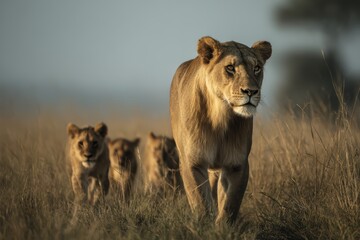 Fototapeta premium Adult lion and cubs walking on grassy savanna under soft warm lighting with blurred natural background