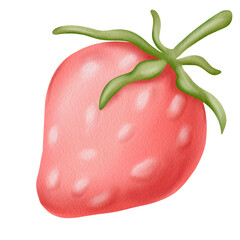 Pink watercolor strawberry fruit with green leaves, hand painted art for summer, dessert, kids designs. Soft red berry with gentle highlights for girl design themes, cake, baby poster, food packaging